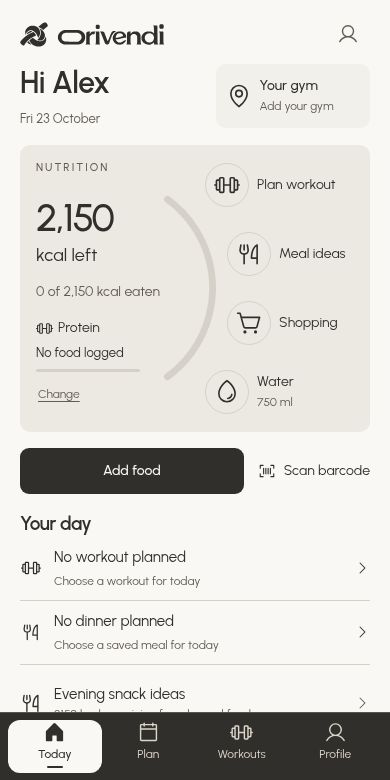 Orivendi Today screen showing the calorie arc, workout and meal shortcuts, water logging, and bottom navigation, using a sample account.